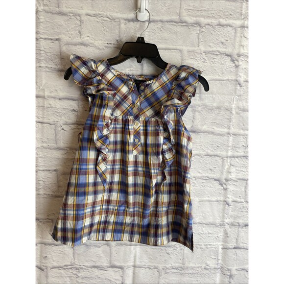 Tops - J. Crew Women’s Casual Preppy Ruffle Top Plaid Sleeveless Blouse Size 00